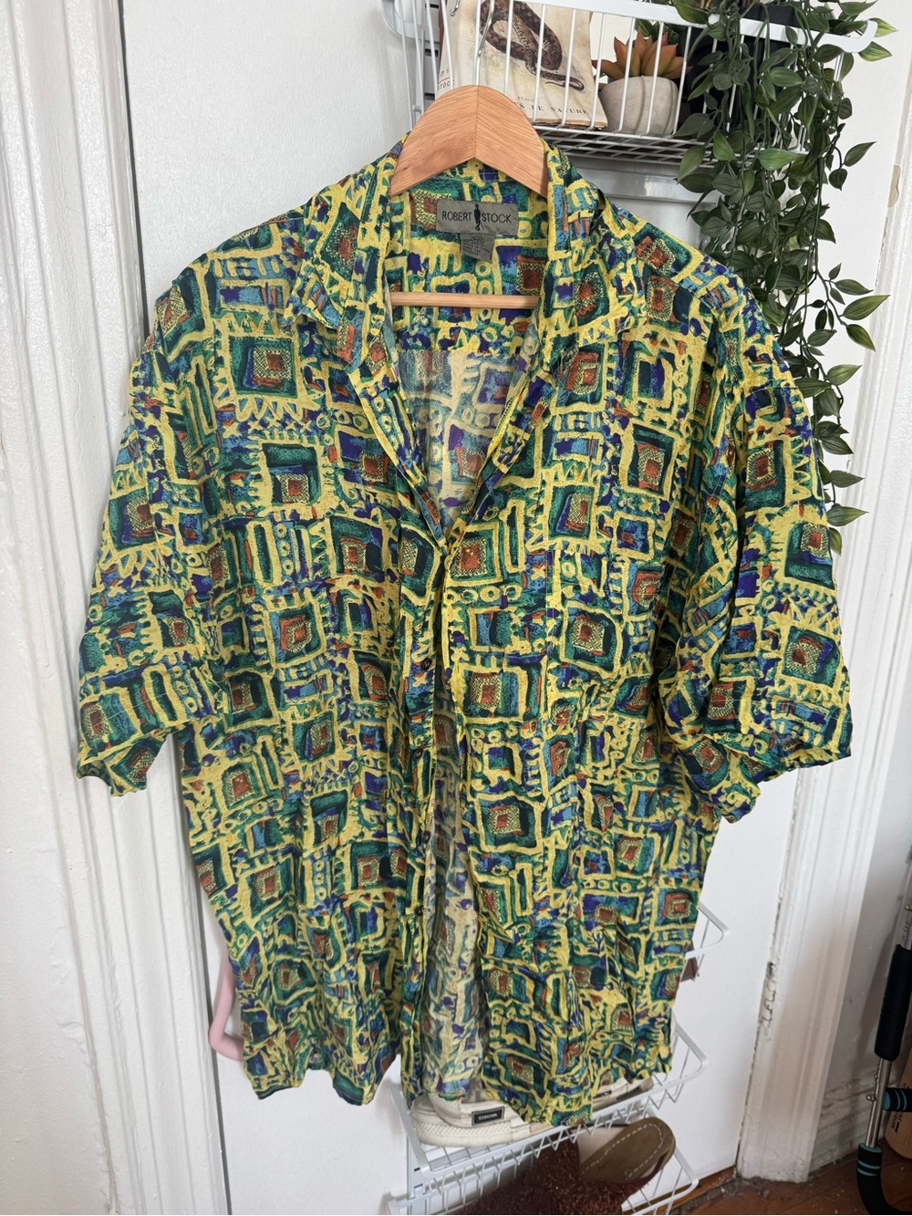 RobertStock  Green, Teal & Yellow Abstract Print Blouse 100% Silk